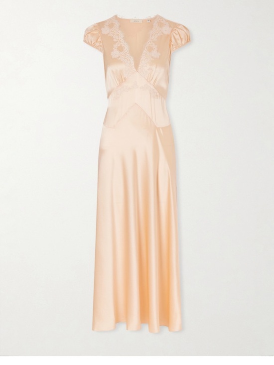 Doen Dresses & Skirts - Doen Blush Satin Midi Dress with Lace V-Neck